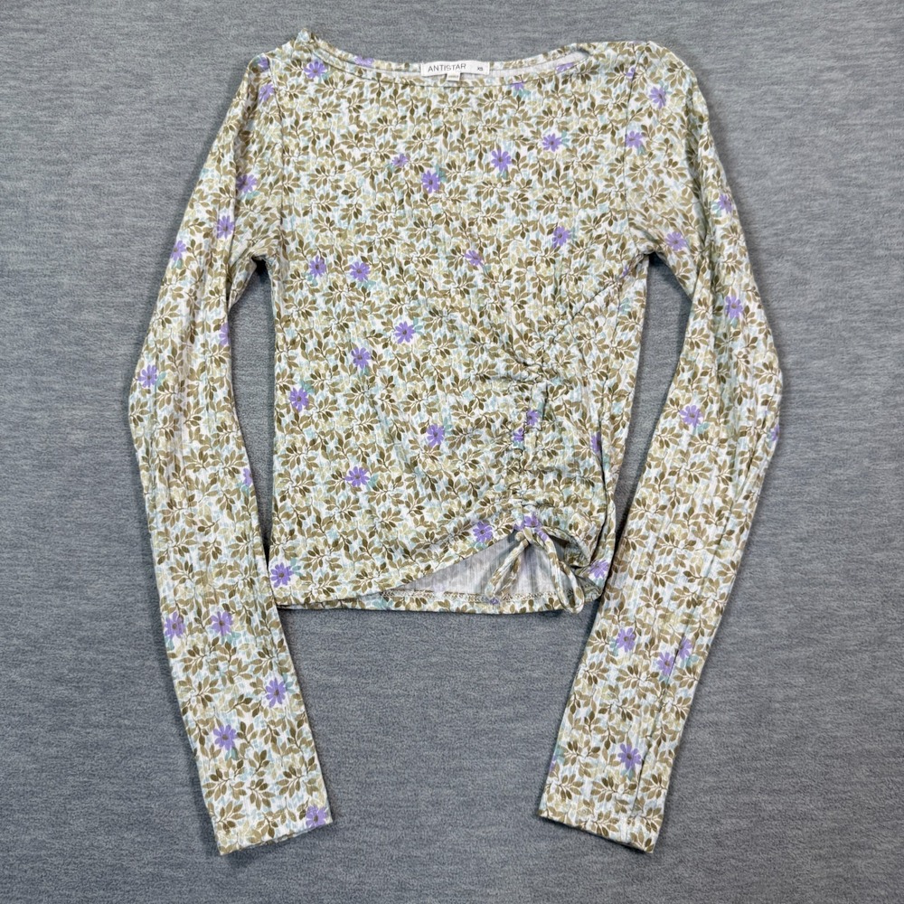 Antistar Top Women XS Green Floral Long Sleeve Ruched Tie Hem Cottagecore